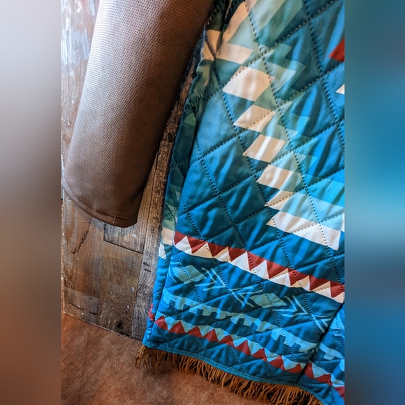 New Handcrafted By Donna Originals Aztec Blue Coat With Faux Suede Sleeves - Picture 15 of 15